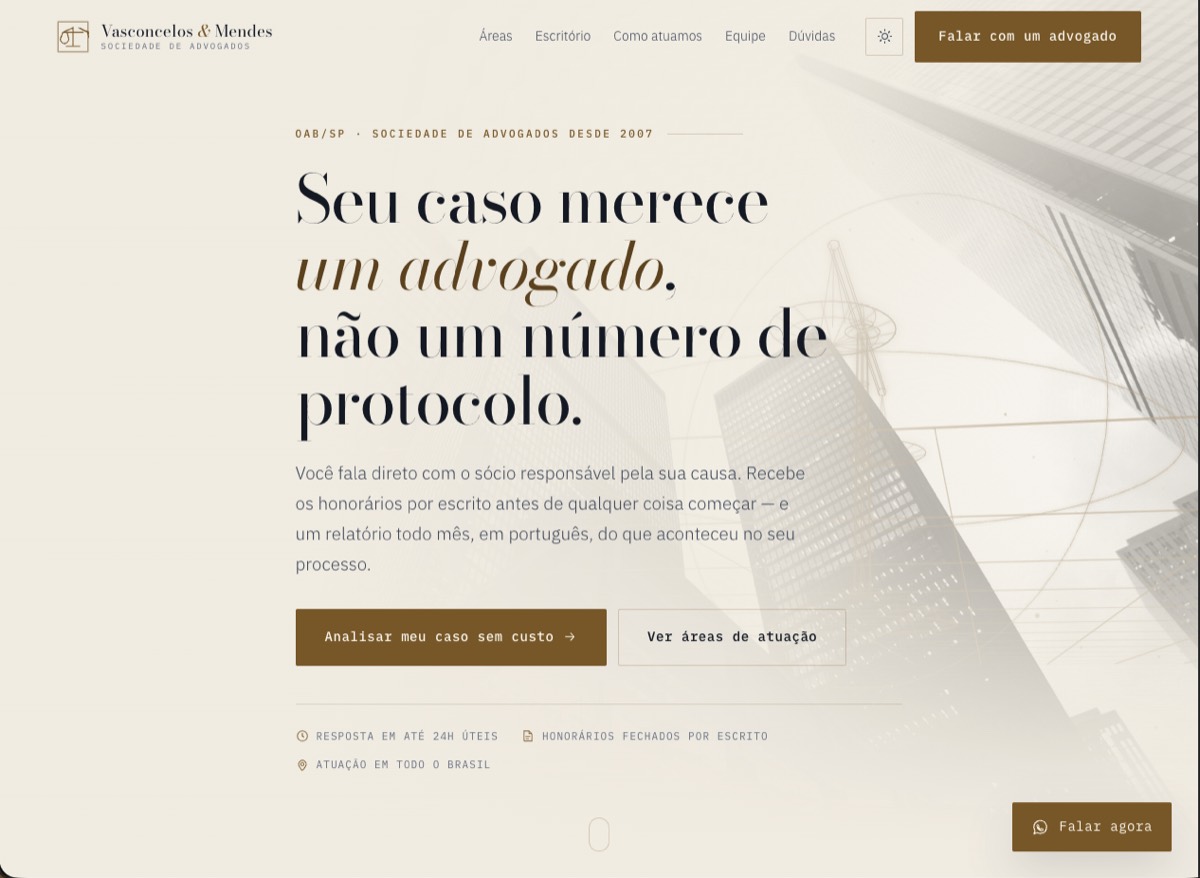 Demonstração do site Vasconcelos & Mendes